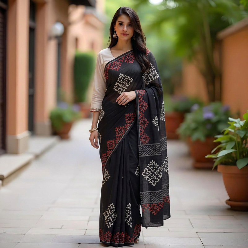 Elegant Black Mul Mul Cotton Saree in handblocks
