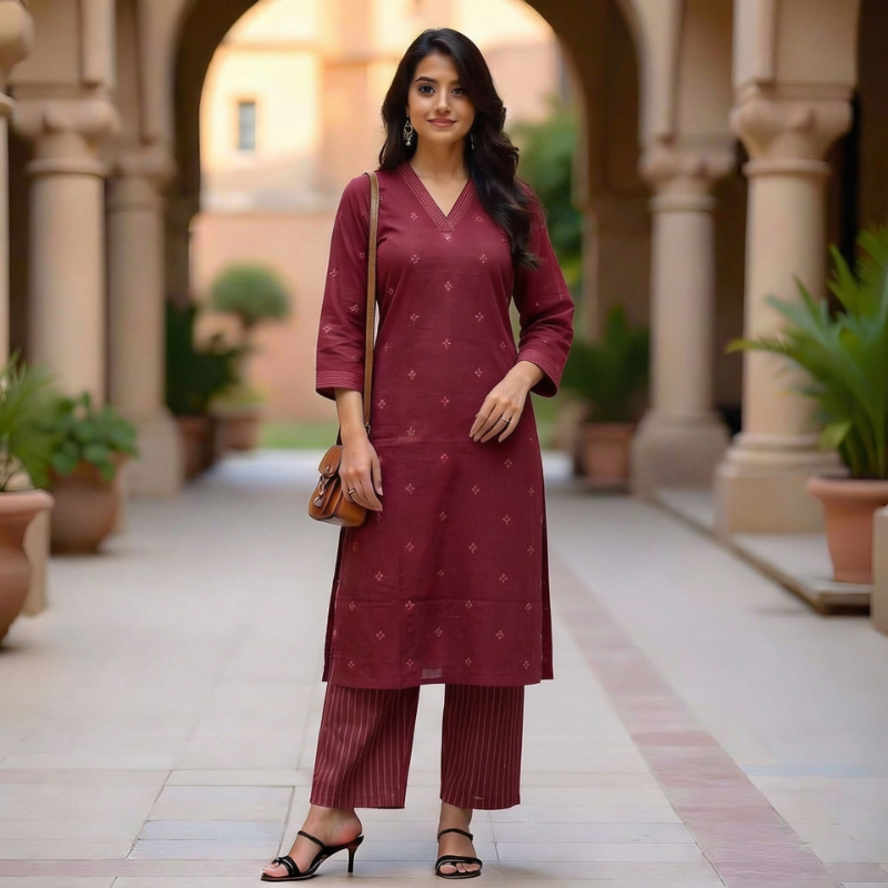 Light maroon Cotton 2-Piece Kurta Set