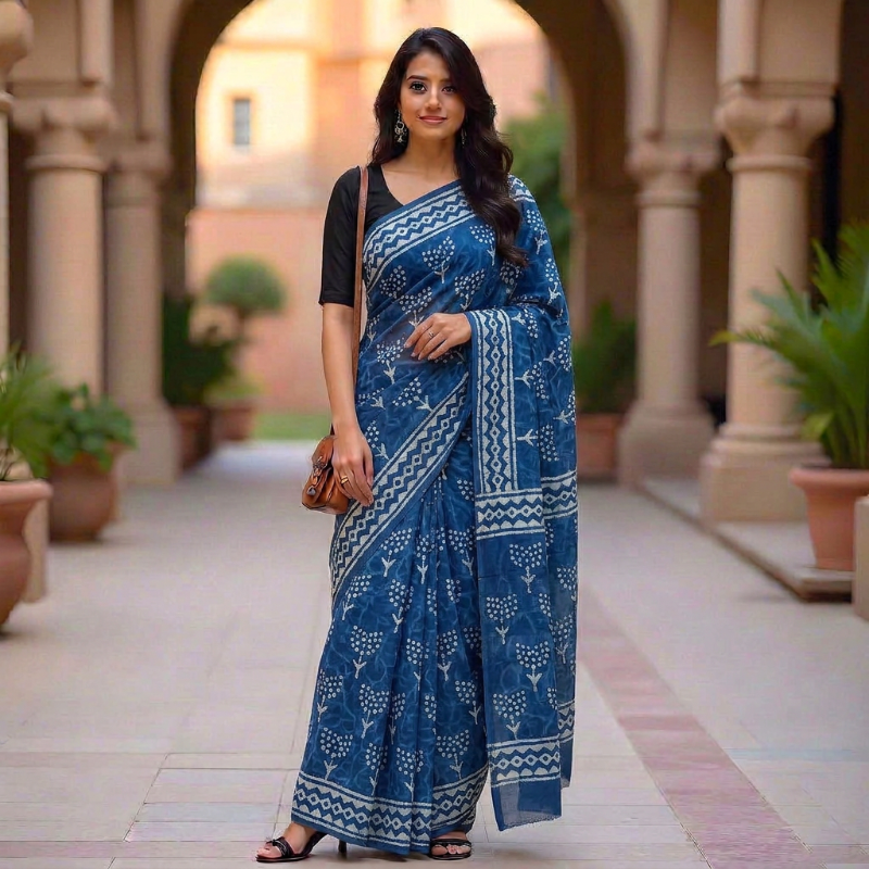 Indigo Blue Mul Cotton Saree with Geometric Print
