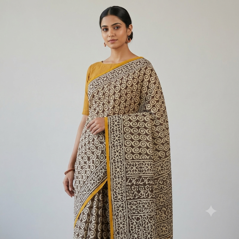 **Hand-Block Printed mul Cotton Saree 1**