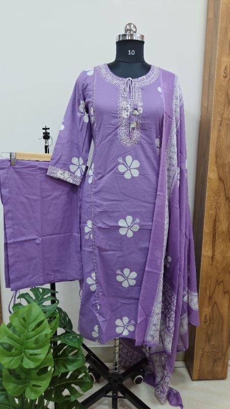 Summer Fresh in Lavender: Hibiscus Print & Embroidered 3-Piece Suit Set