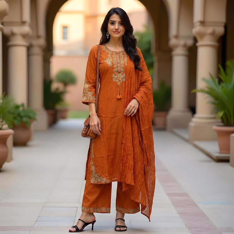 Earthy Rust Handloom Cotton Embroidered Suit Set