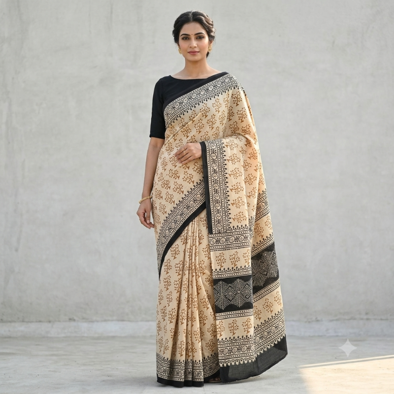 **Hand-Block Printed mul Cotton Saree 3**