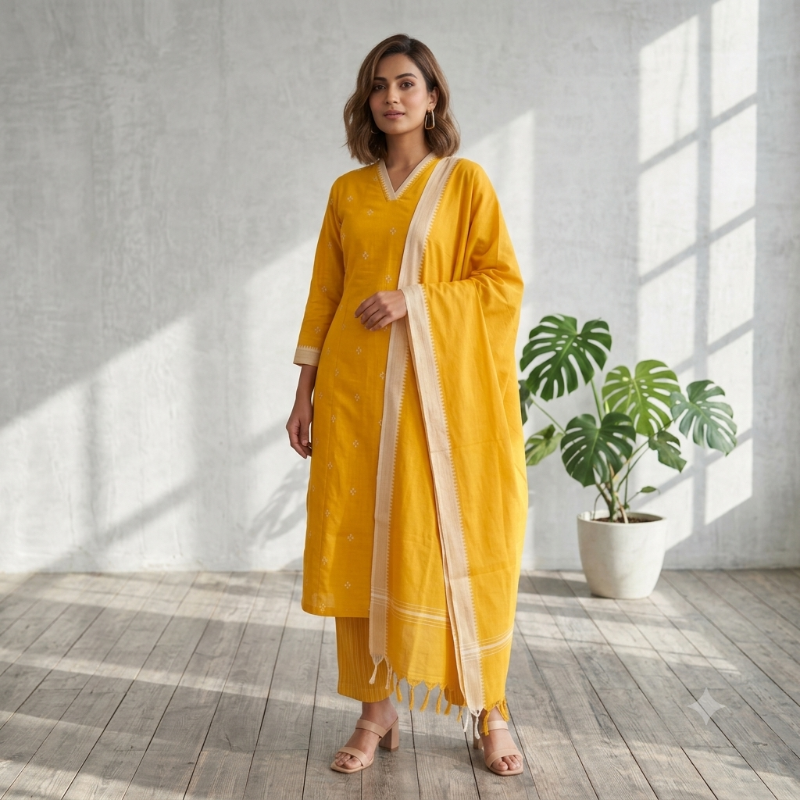 Pastel yellow Handloom Mangalagiri Cotton Suit Set