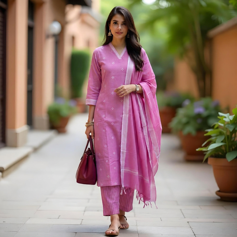 Pastel Pink Handloom Mangalagiri Cotton Suit Set