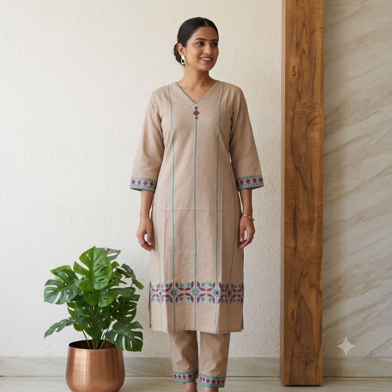Anvita brand Beige Embroidered 2-Piece Kurta Set