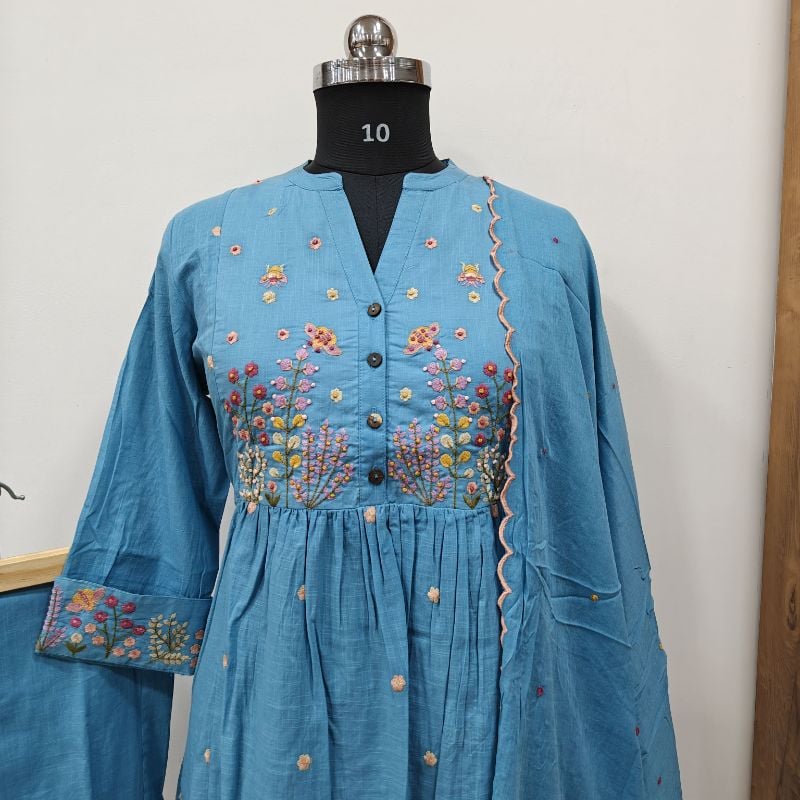 Elegance in Teal: Embroidered 3-Piece Anarkali Suit Set