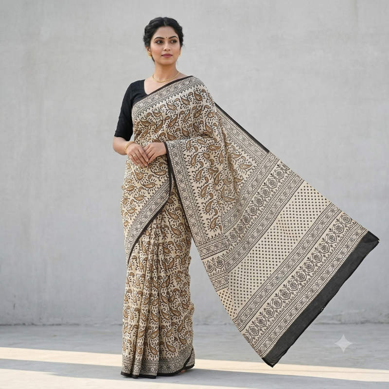 **Hand-Block Printed mul Cotton Saree 2**
