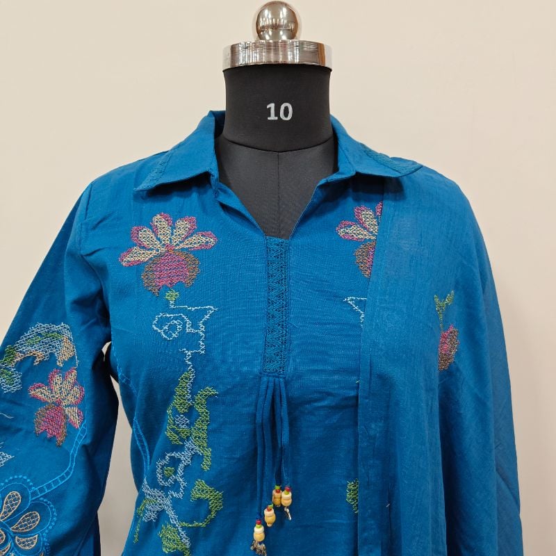 Elegant Peacock Blue Cotton 3-Piece Suit Set