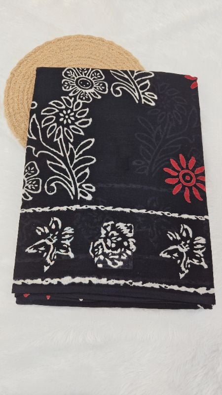 Elegant Black Mul Mul Cotton Saree marron handblocks