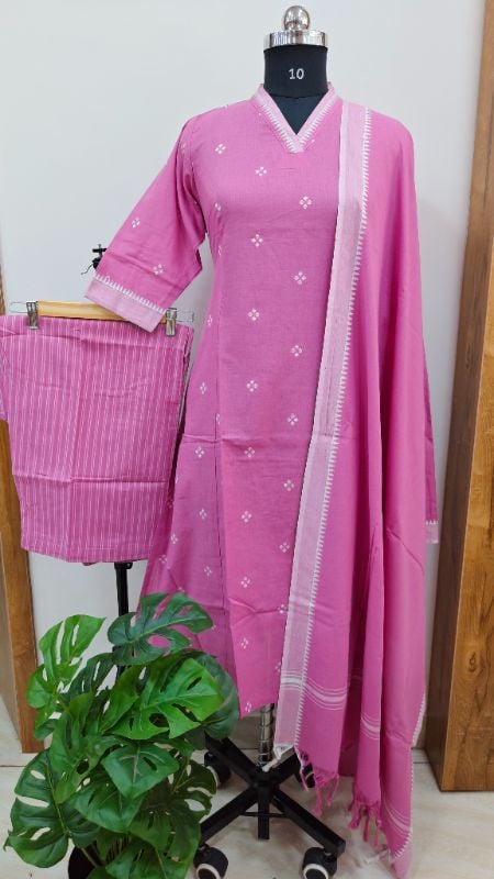 Pastel Pink Handloom Mangalagiri Cotton Suit Set