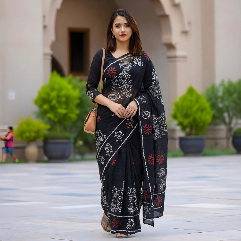 Elegant Black Mul Mul Cotton Saree marron handblocks