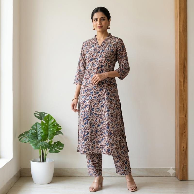 hand-blocked Kalamkari Cotton 2-Piece set KS2E