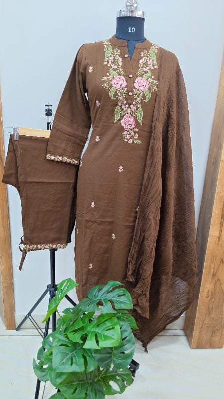 Dark brown Pink Embroidered Suit Set