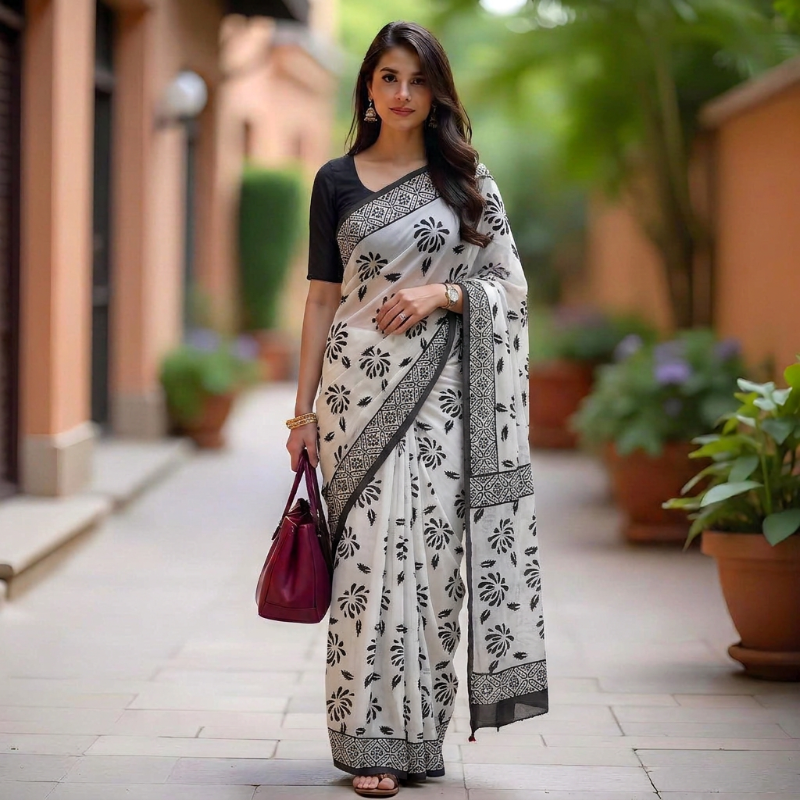 White Mul Cotton Saree with Hand-Block Floral Prints