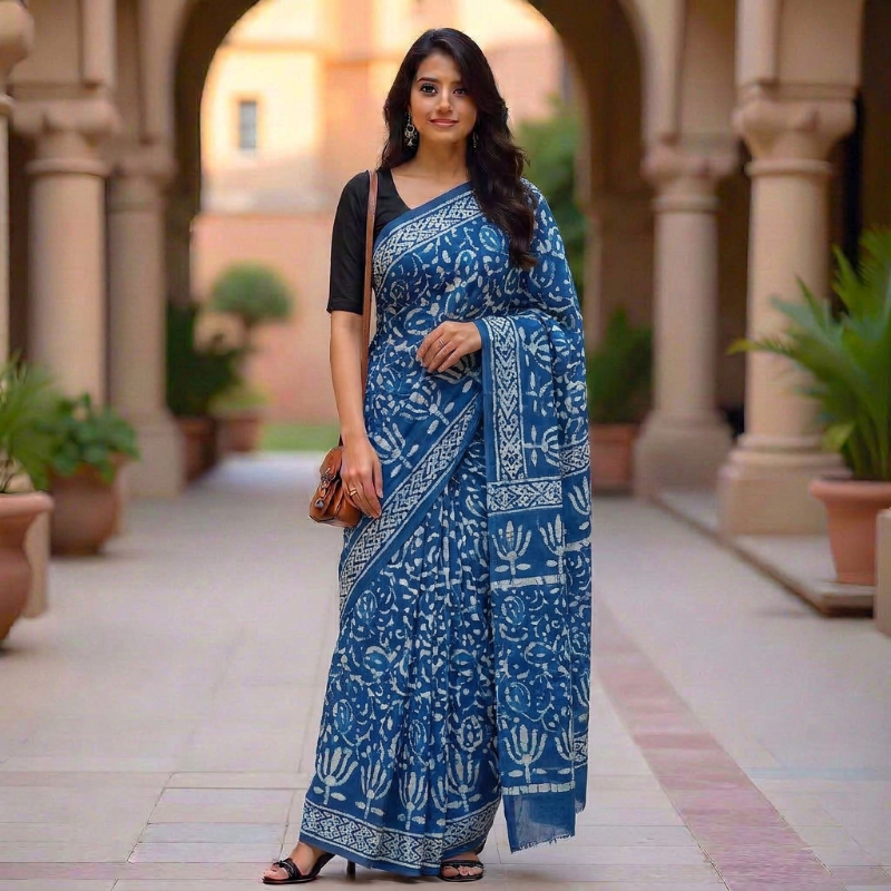 Indigo Blue Mul Cotton Saree with Geometric Prints
