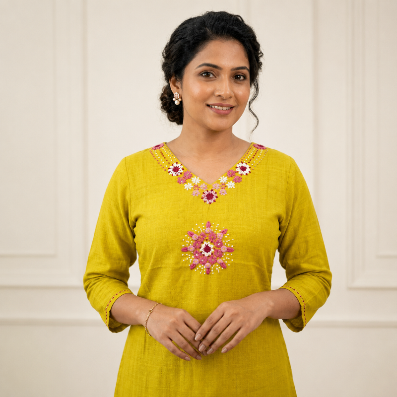 Mustard Yellow Floral Embroidered Kurta