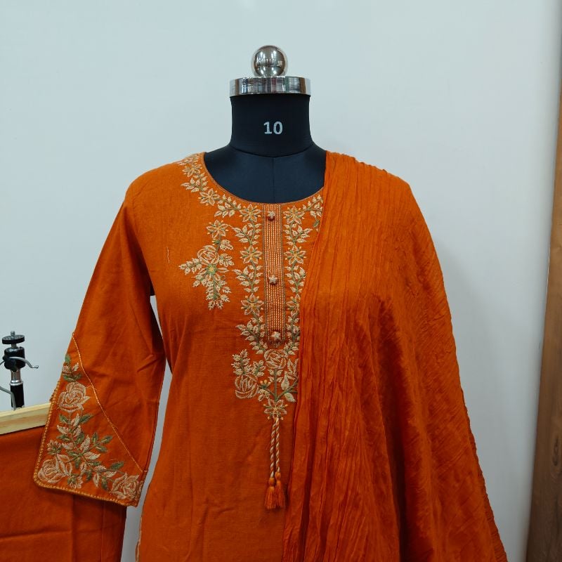 Earthy Rust Handloom Cotton Embroidered Suit Set