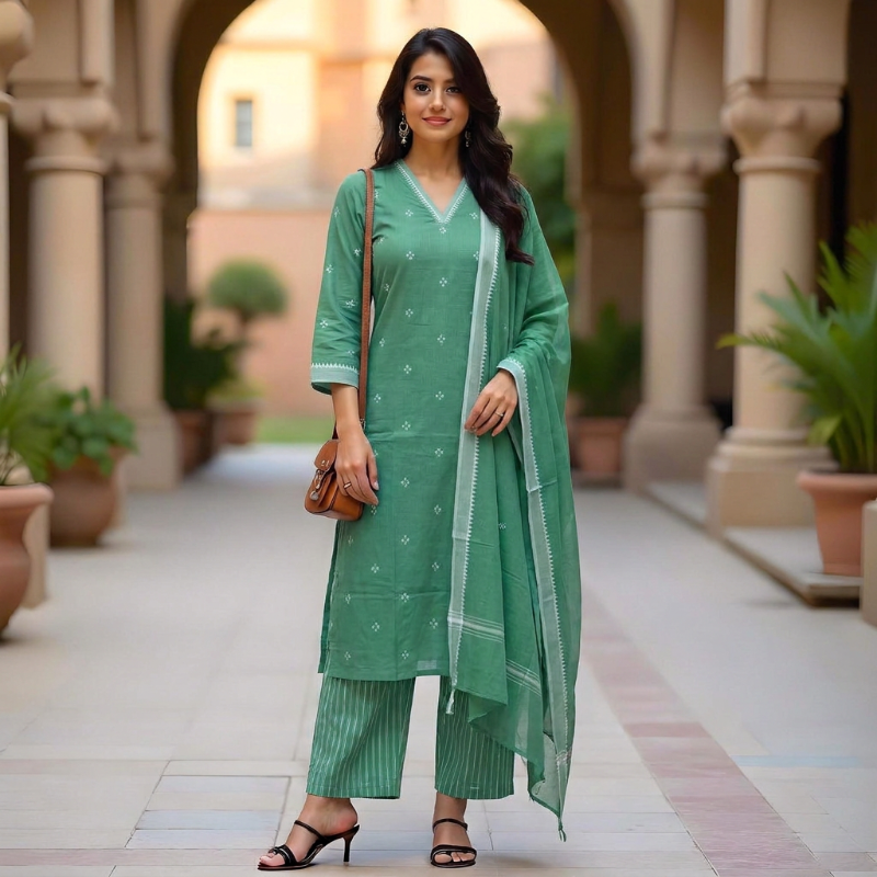 Pastel green Handloom Mangalagiri Cotton Suit Set