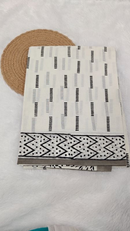 White Mul Cotton Saree with Hand-Block