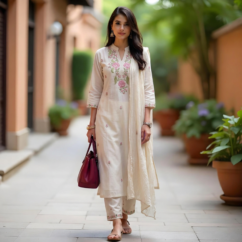 Off white Embroidered Suit Set