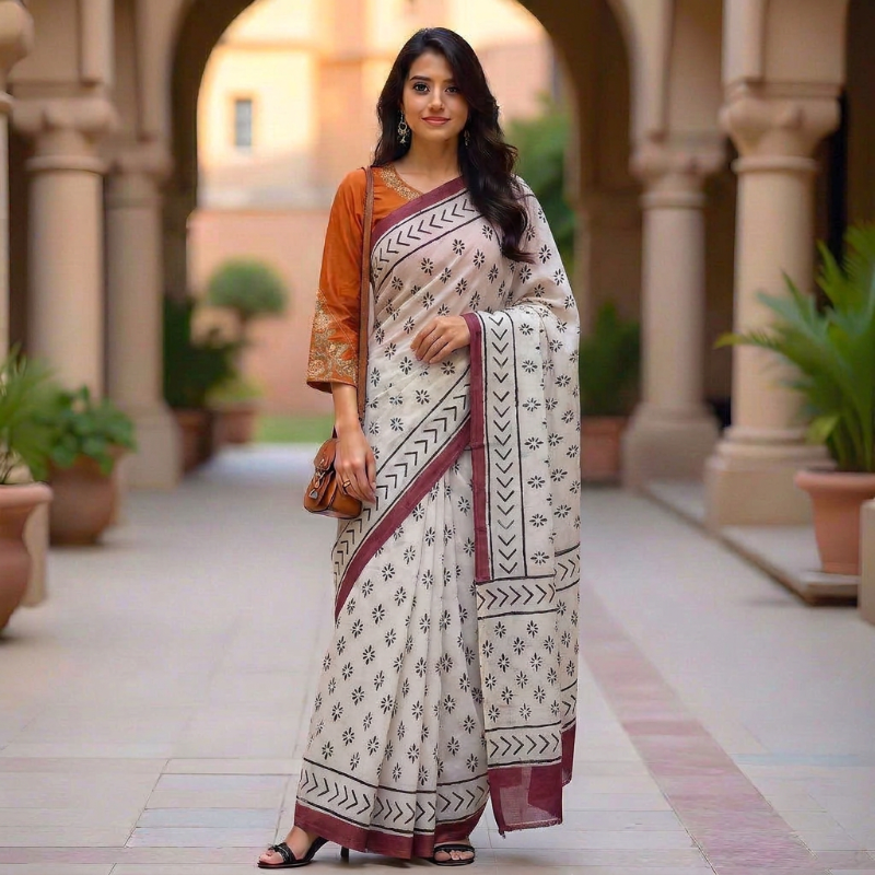 White Mul Cotton Saree with Block Prints