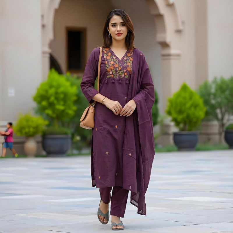Deep Wine Cotton 3-Piece Festive Suit Set