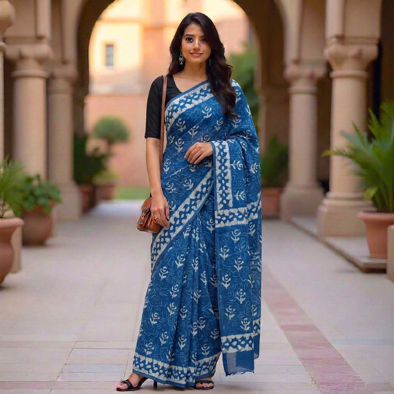 Indigo Blue Mul Cotton Saree with Batik-Style