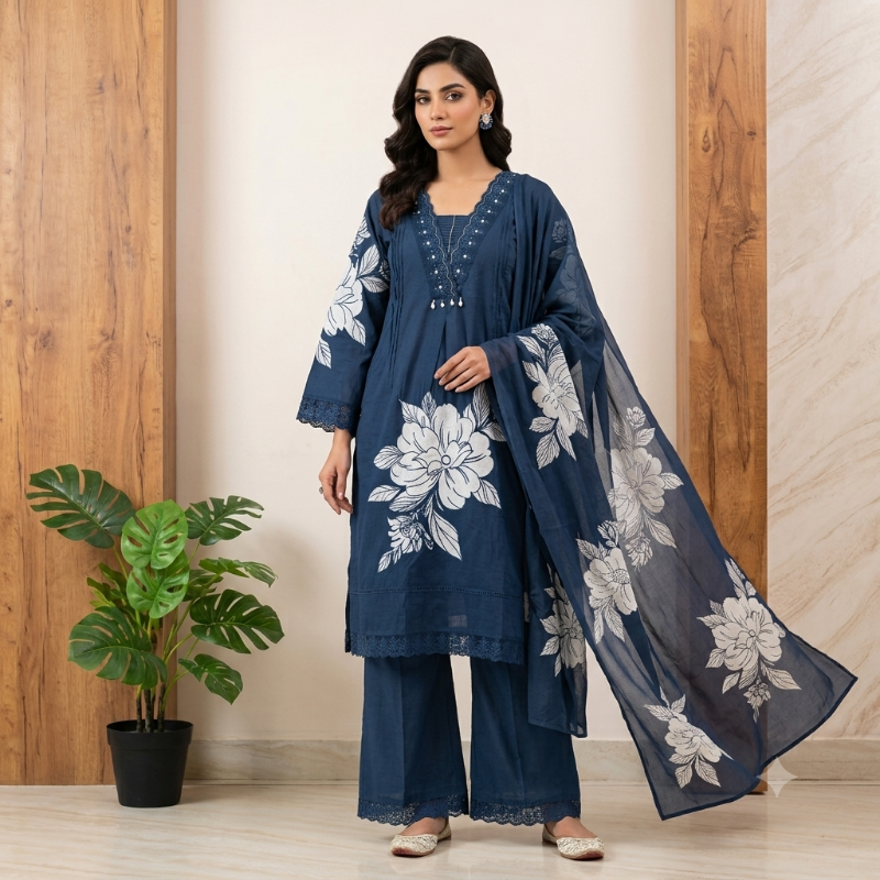 Grace in Deep Navy: Floral Print & Lace 3-Piece Suit Set
