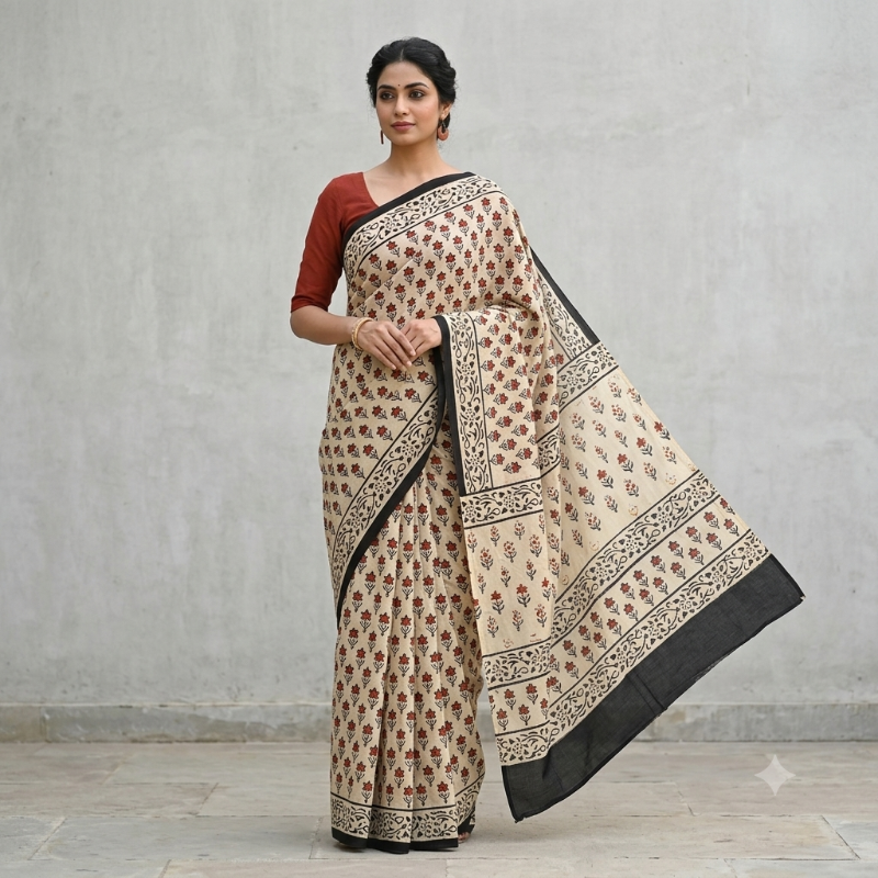 **Hand-Block Printed mul Cotton Saree 4**