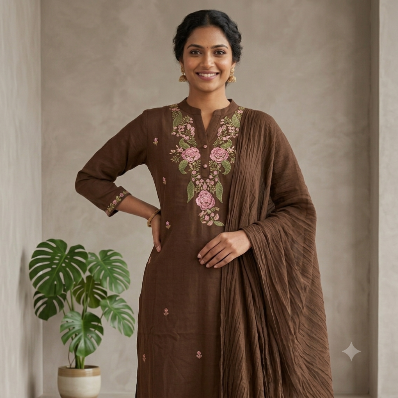Dark brown Pink Embroidered Suit Set