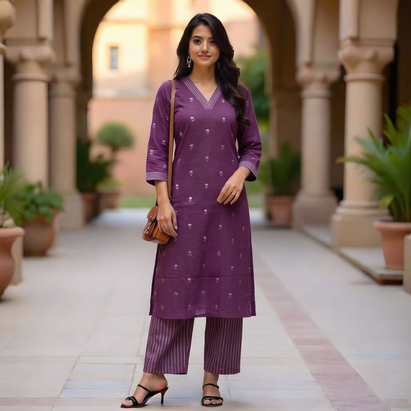 Wine Cotton 2-Piece Kurta Set