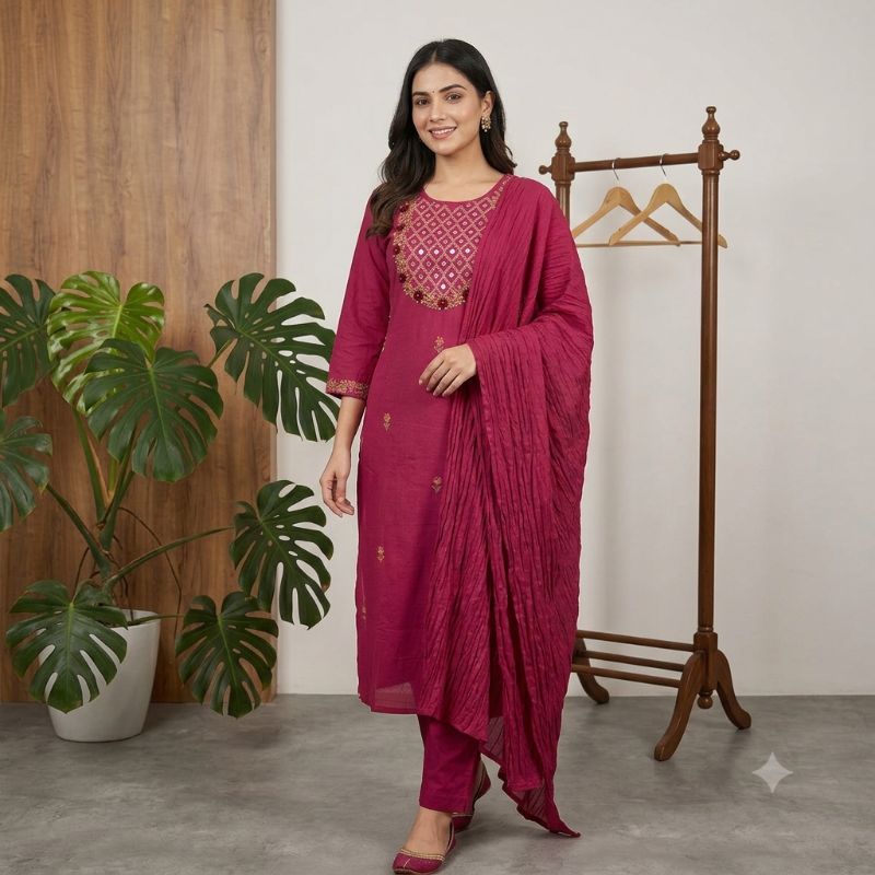 Festive Charm in Magenta: Mirror Work & Embroidered 3-Piece Suit Set