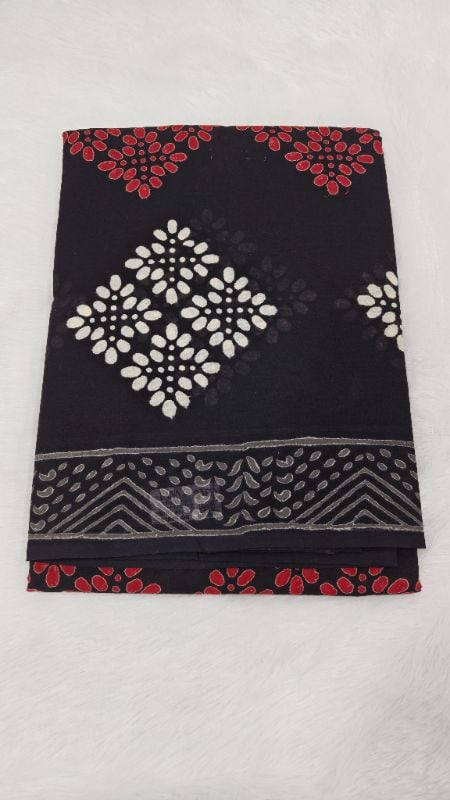 Elegant Black Mul Mul Cotton Saree in handblocks