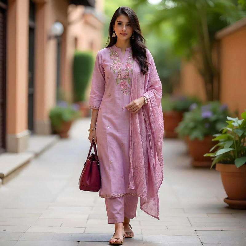 Charming Rose Pink Embroidered Suit Set