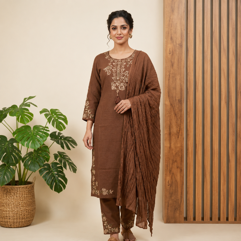 Brown Handloom Cotton Embroidered Suit Set