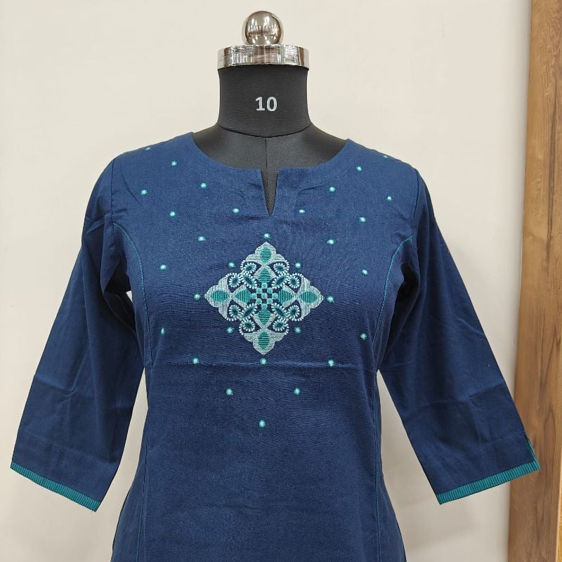 Anvita brand Peacock Blue Printed & Embroidered Kurti