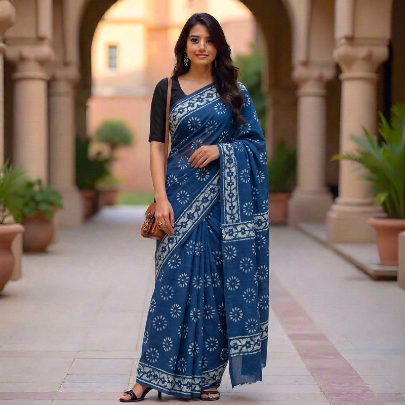 Indigo Blue Mul Cotton Saree with Batik