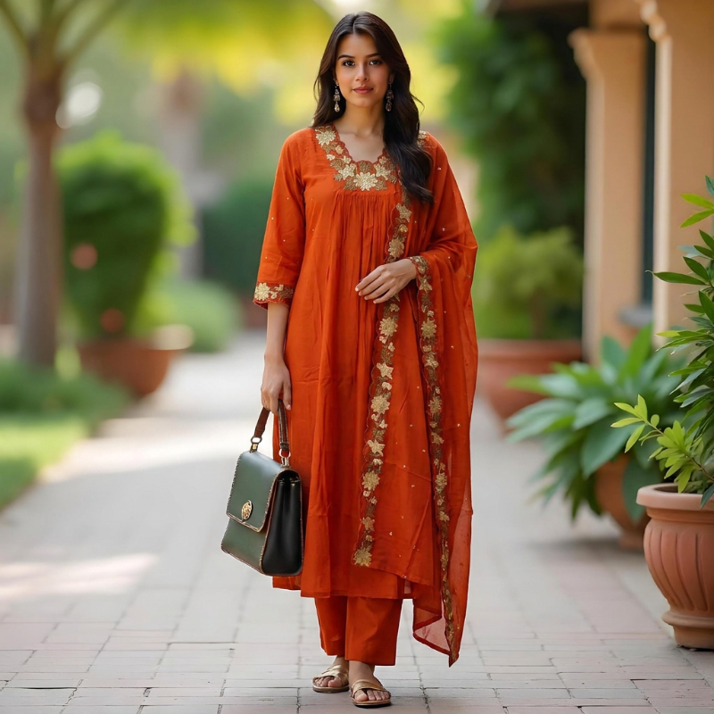 Rust Orange Rayon Embroidered Full Suit Set