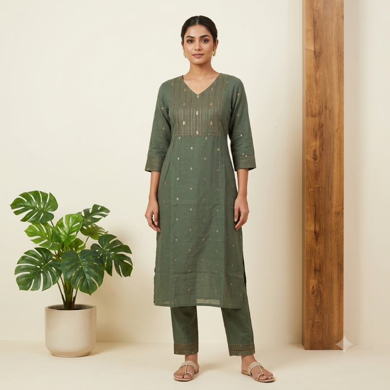**Anvita brand Olive Green Cotton 2-Piece Kurta Set**