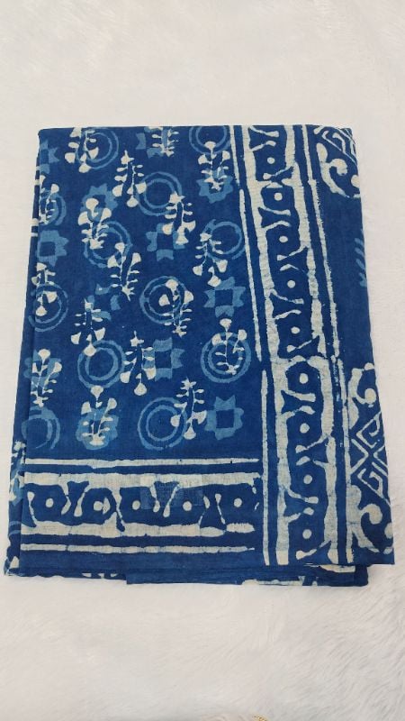 Indigo Blue Mul Cotton Saree with Batik-Style Geometric Prints