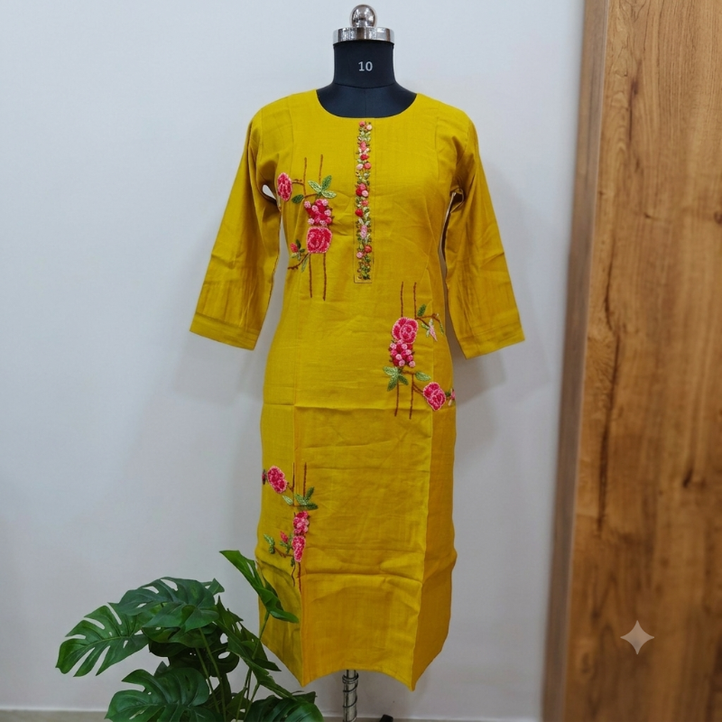 Vibrant Mustard Yellow Floral Embroidered Kurta
