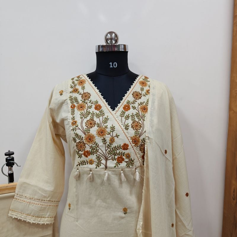 off white Cotton 3-Piece Festive Suit Set
