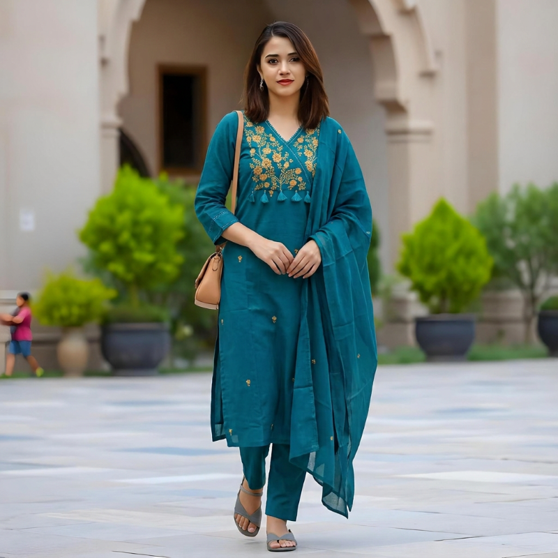 T Green Cotton 3-Piece Festive Suit Set