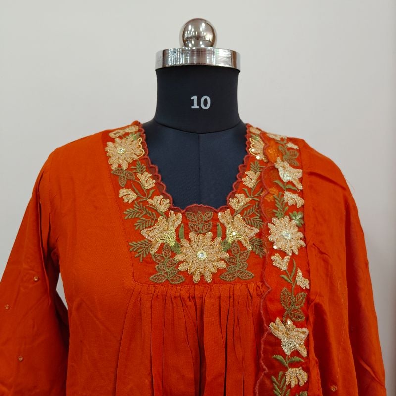 Rust Orange Rayon Embroidered Full Suit Set