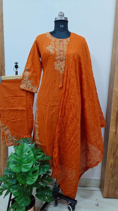 Earthy Rust Handloom Cotton Embroidered Suit Set