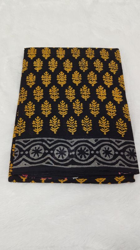 Elegant Black Mul Mul Cotton Saree in yellow motifs