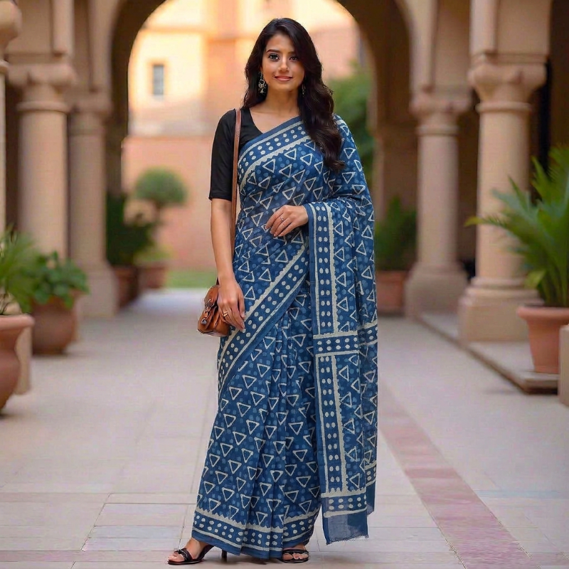 Indigo Blue Mul Cotton Saree with Batik Prints