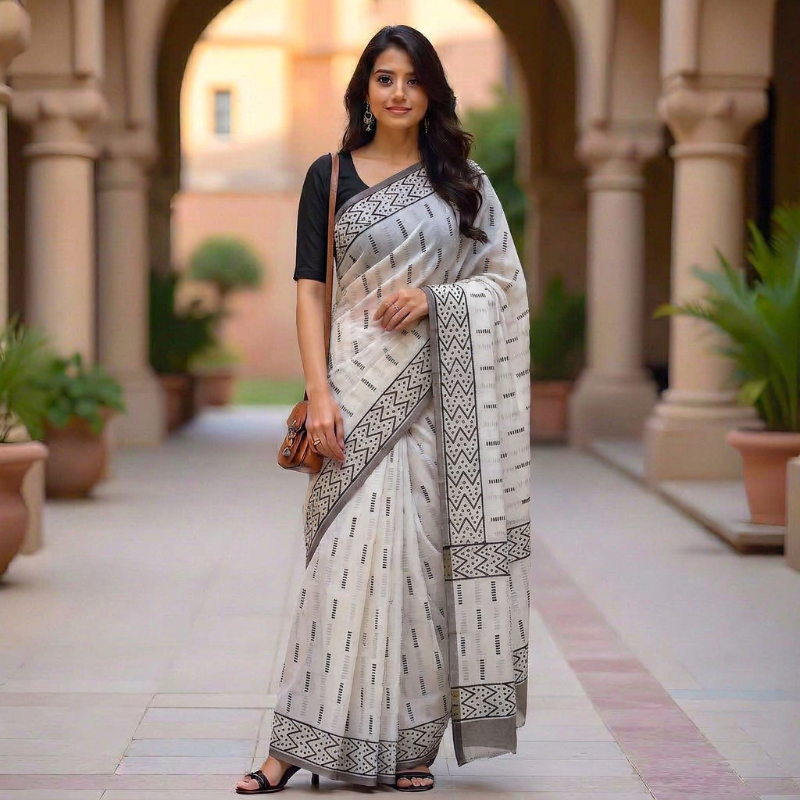 White Mul Cotton Saree with Hand-Block