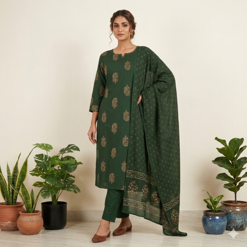 Elegant Emerald Green Cotton 3-Piece Set